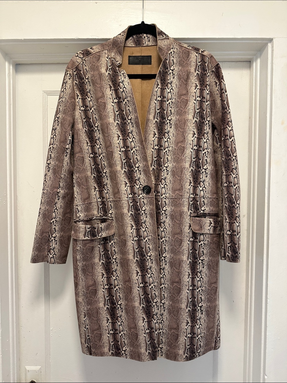 Blank NYC Snake Print Long Coat in Taupe and Black
